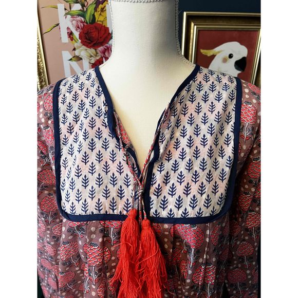 SZ Blockprints Womens Blue Pink Long Sleeves Printed Tassel Tunic Blouse Size S - Picture 2 of 8